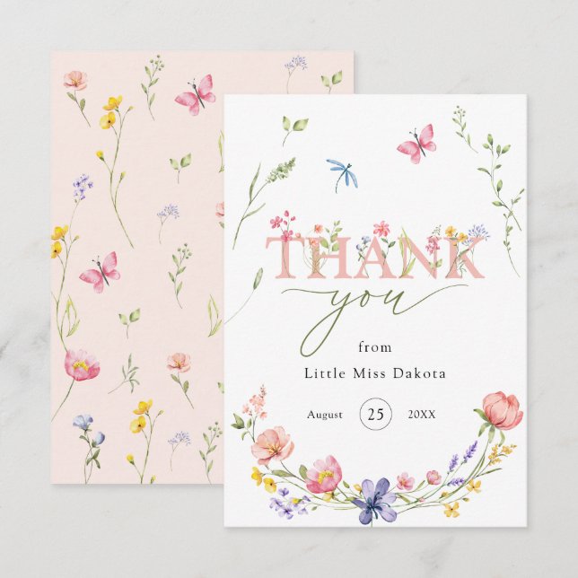 Tarjeta De Agradecimiento Flor silvestre y maravilloso primer cumpleaños gra (Anverso / Reverso)