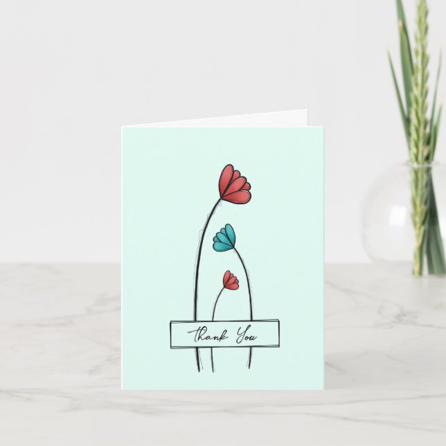 Tarjeta De Agradecimiento Flor Verde azulada roja (Anverso)