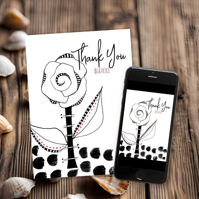 Tarjeta De Agradecimiento Flor Whimsical Blanca Negra Editable (Pen and Ink Black White thank You Card)