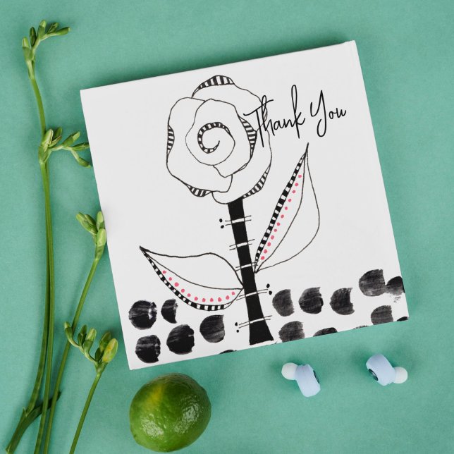 Tarjeta De Agradecimiento Flor Whimsical Blanca Negra Editable (Subido por el creador)