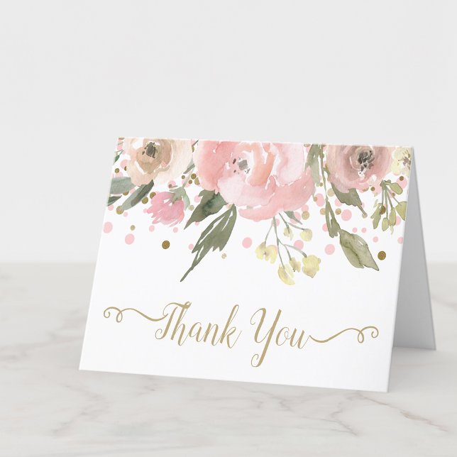 Tarjeta De Agradecimiento Flora acuática dorada rosada (Pink & gold watercolor floral blank thank you notecard. Add your personal message, or leave blank.)