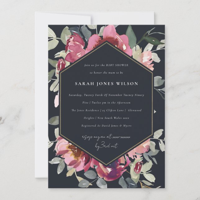 TARJETA DE AGRADECIMIENTO FLORA BABY SHOWER INVITE ROSA DE BURGUNDY DE RUBOR (Anverso)