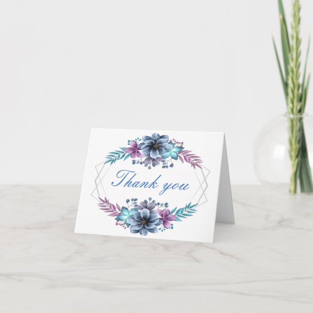 Tarjeta De Agradecimiento Flora De Acuarela Azul Y Púrpura (Anverso)