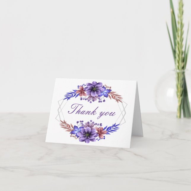 Tarjeta De Agradecimiento Flora De Acuarela Púrpura Y Azul (Anverso)