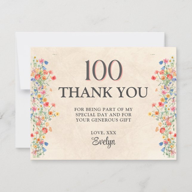 Tarjeta De Agradecimiento Floral 100th Birthday – Elegant Wildflower (Anverso)