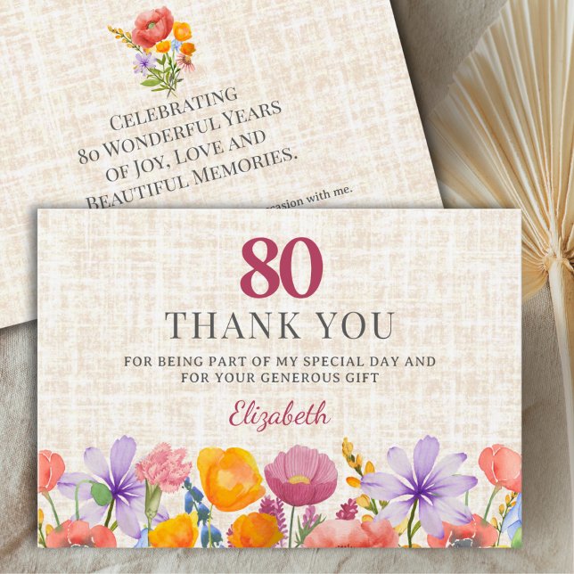 Tarjeta De Agradecimiento Floral 80th Birthday - Elegant Garden Party (Subido por el creador)