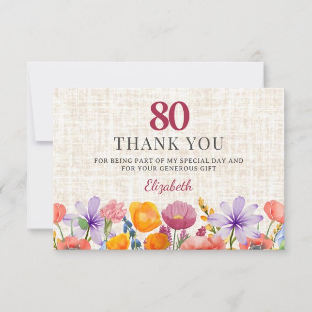 Tarjeta De Agradecimiento Floral 80th Birthday - Elegant Garden Party (Anverso)