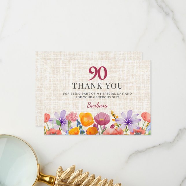 Tarjeta De Agradecimiento Floral 80th Birthday Thanks - Elegant Garden Party (Anverso/Reverso In Situ)