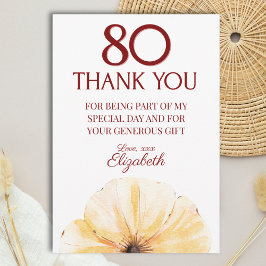 Tarjeta De Agradecimiento Floral 80th Birthday Thanks - Elegant Yellow Bloom