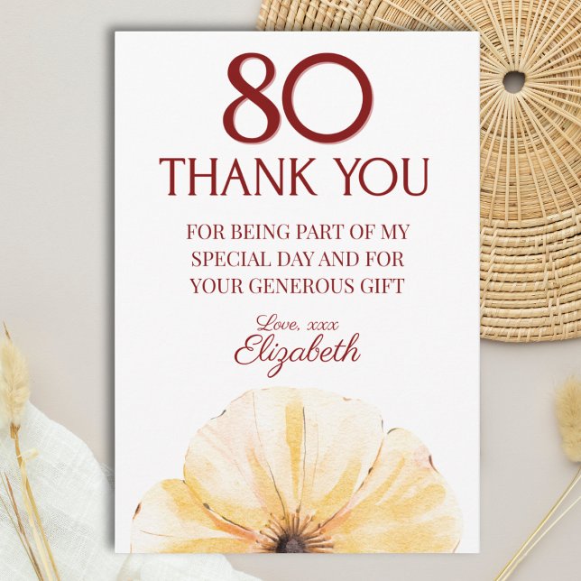 Tarjeta De Agradecimiento Floral 80th Birthday Thanks - Elegant Yellow Bloom (Subido por el creador)