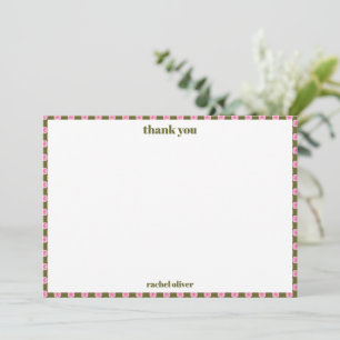 Tarjeta De Agradecimiento Floral a cuadros personalizado Preppy rosa y verde