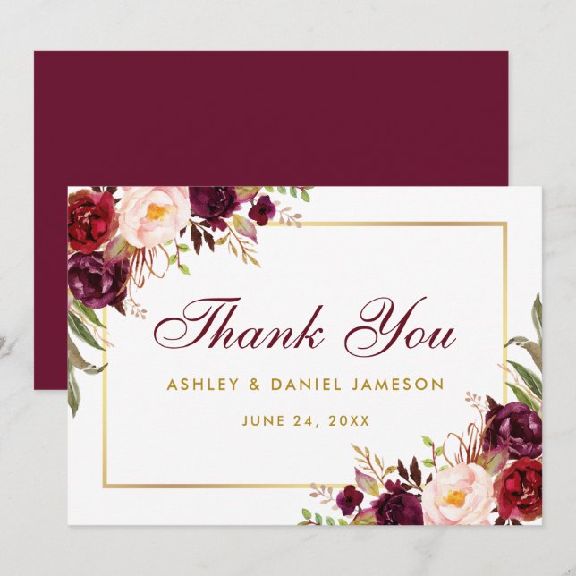 Tarjeta De Agradecimiento Floral acuarela Borgoña Boda de oro gracias SB (Anverso / Reverso)