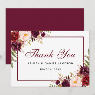 Tarjeta De Agradecimiento Floral acuarela Borgoña Boda Gracias SB