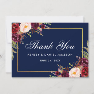 Tarjeta De Agradecimiento Floral acuarela Burgundy Azul Boda Gracias