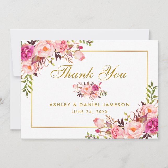 Tarjeta De Agradecimiento Floral acuarela rosa Rubor Gold Boda Gracias (Anverso)