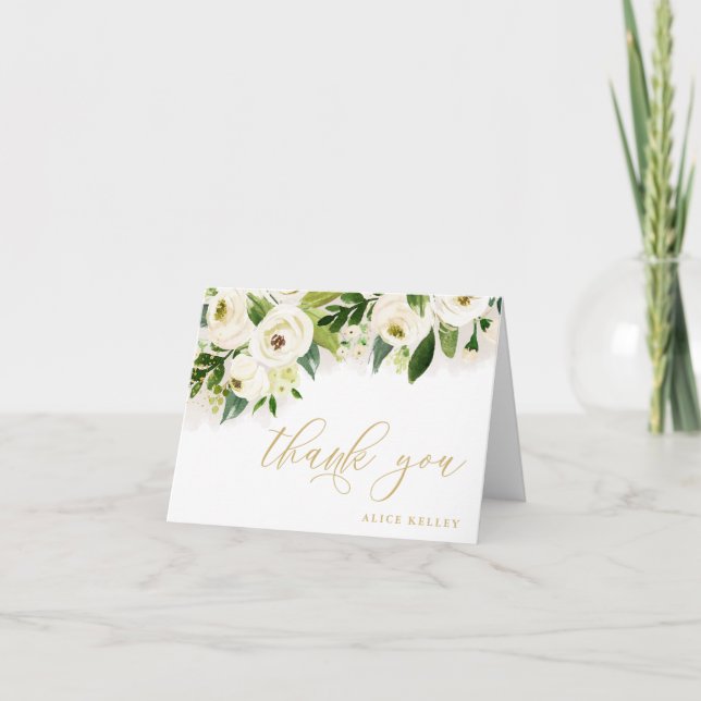 Tarjeta De Agradecimiento Floral acuática blanca y dorada personalizada (Anverso)