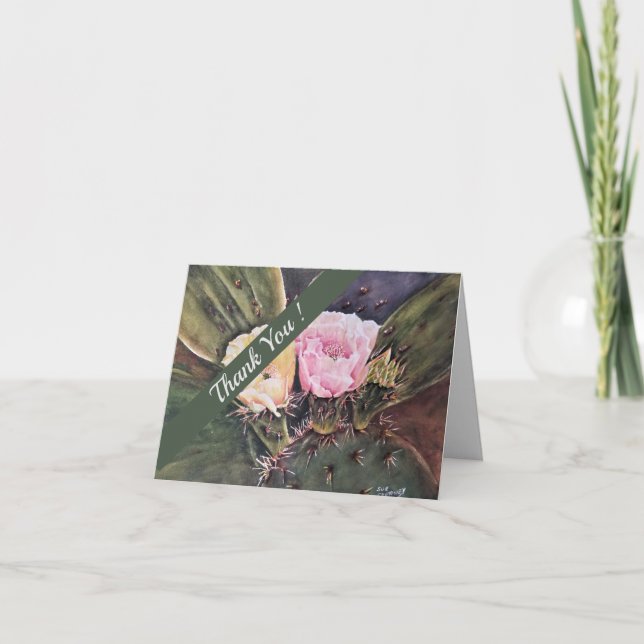 Tarjeta De Agradecimiento Floral acuática de Cactus rosa y amarilla (Anverso)