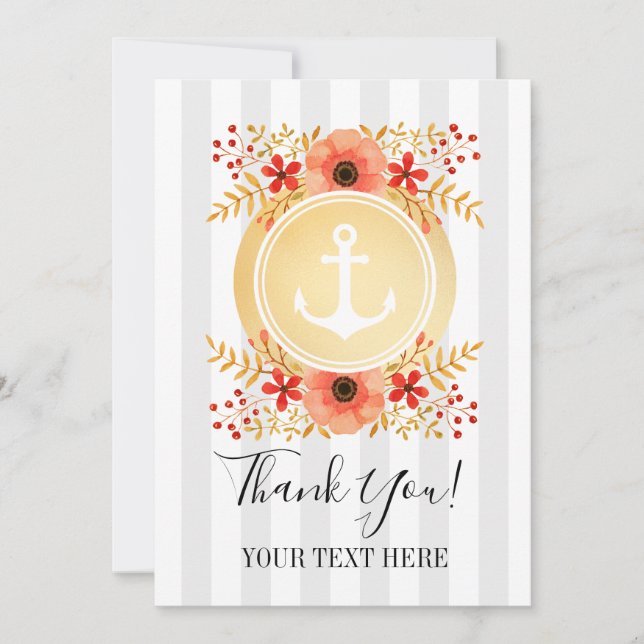 Tarjeta De Agradecimiento Floral acuática de color naumático dorado gracias (Anverso)