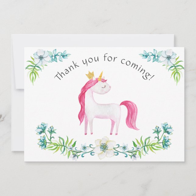 Tarjeta De Agradecimiento Floral acuática rosa unicornio Gracias (Anverso)