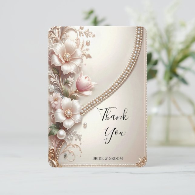 Tarjeta De Agradecimiento Floral and Pearl Embellishments Thank You Card (Anverso de pie)