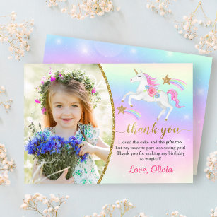 Tarjeta De Agradecimiento Floral arcoiris mágico, unicornio, foto de cumplea