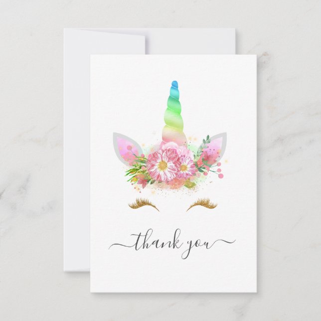 Tarjeta De Agradecimiento Floral arcoiris Unicornio Baby Shower (Anverso)