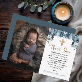Tarjeta De Agradecimiento Floral azul acuático | Faux Gold Boy Baptism