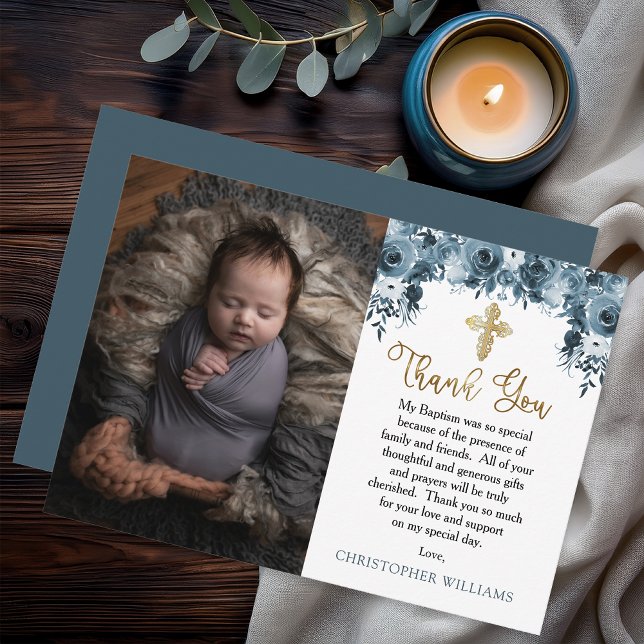 Tarjeta De Agradecimiento Floral azul acuático | Faux Gold Boy Baptism (Elegant Blue Watercolor Floral Faux Gold Accents Boy Baptism Photo Thank You Flat Card)