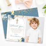 Tarjeta De Agradecimiento Floral azul arca primera foto de la comunión sagra<br><div class="desc">Arch Blue Floral First Holy Communition Photo You Card</div>