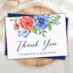 Tarjeta De Agradecimiento Floral azul blanco rojo 4 de julio Boda patriótico