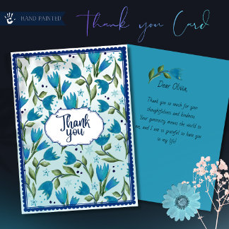 Tarjeta de agradecimiento floral azul botánico