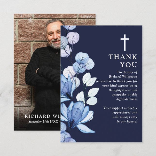Tarjeta De Agradecimiento Floral Azul Cristiana Celebración De La Vida Foto (Anverso / Reverso)