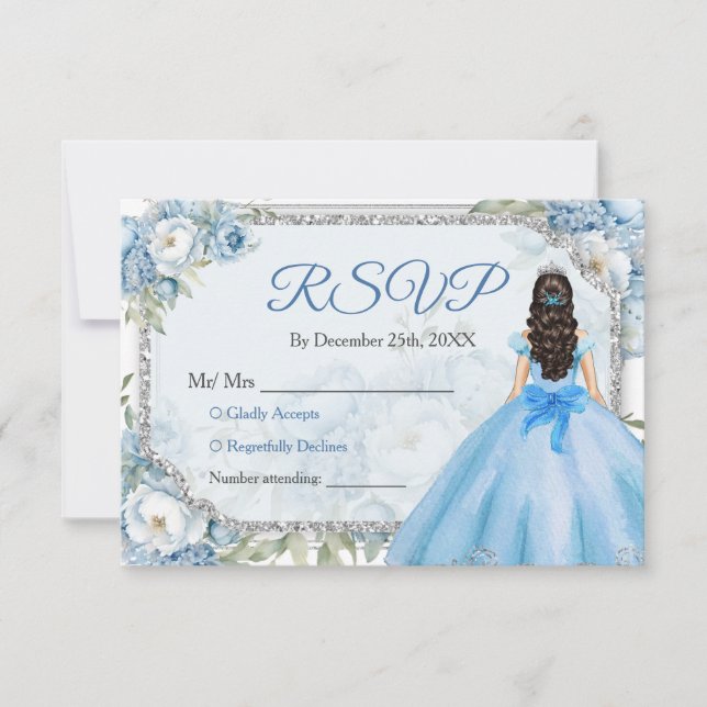 Tarjeta De Agradecimiento Floral Azul Crown Quinceañera Rsvp (Anverso)