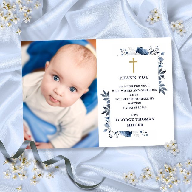 Tarjeta De Agradecimiento Floral azul de la Marina Foto bautismo Christening (Navy Blue Floral Photo Baptism Christening Thank You Card)