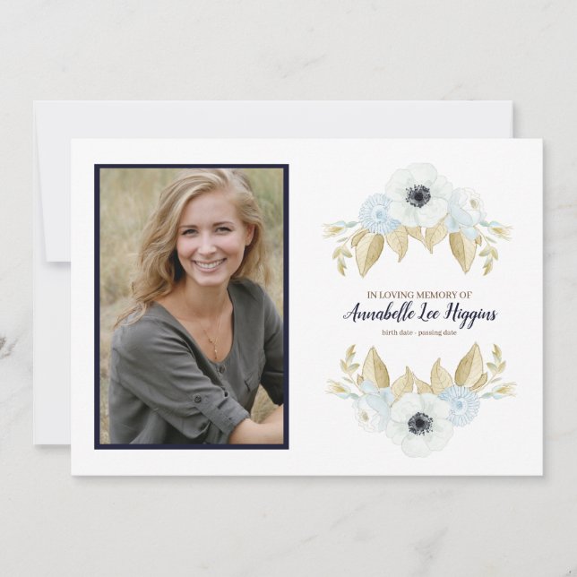 Tarjeta De Agradecimiento Floral azul elegante en entierro cariñoso de la (Anverso)
