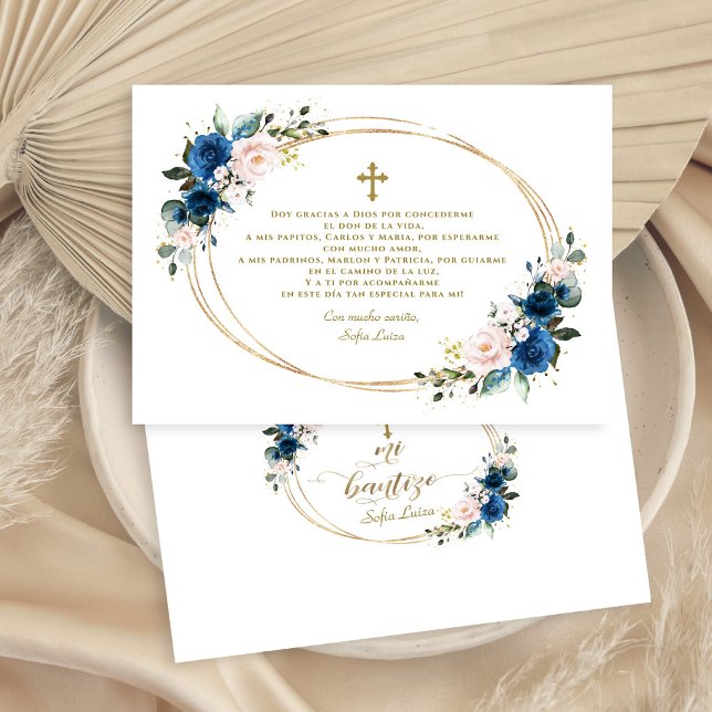 Tarjeta De Agradecimiento Floral Azul Española Gracias Con Oración Bautizo (boy baptism thank you, mi bautizo blue floral thank you, trendy blue floral baptism thank you)