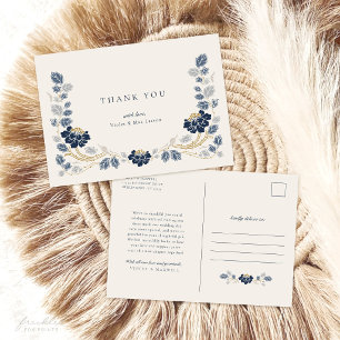 Tarjeta de agradecimiento floral azul marino