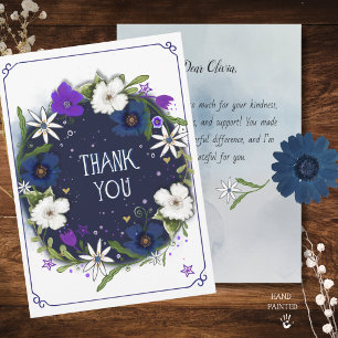 Tarjeta de agradecimiento floral azul marino oscur