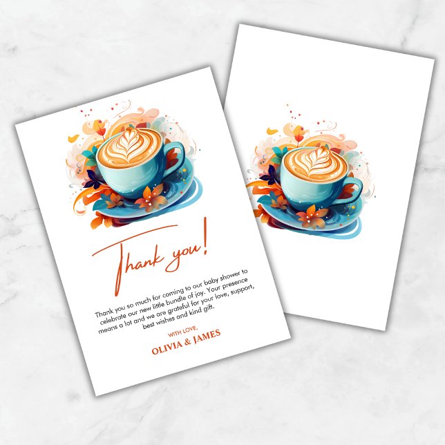 Tarjeta De Agradecimiento Floral azul Un bebé está preparando café Baby Show (Blue Floral A Baby is Brewing Coffee Baby Shower Thank You Card )