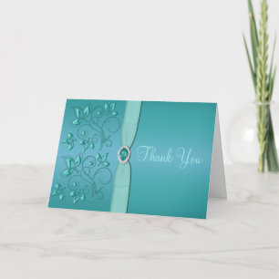 Tarjeta de agradecimiento floral azul verdoso y ac