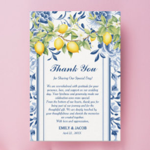Tarjeta De Agradecimiento Floral azul y Boda limón