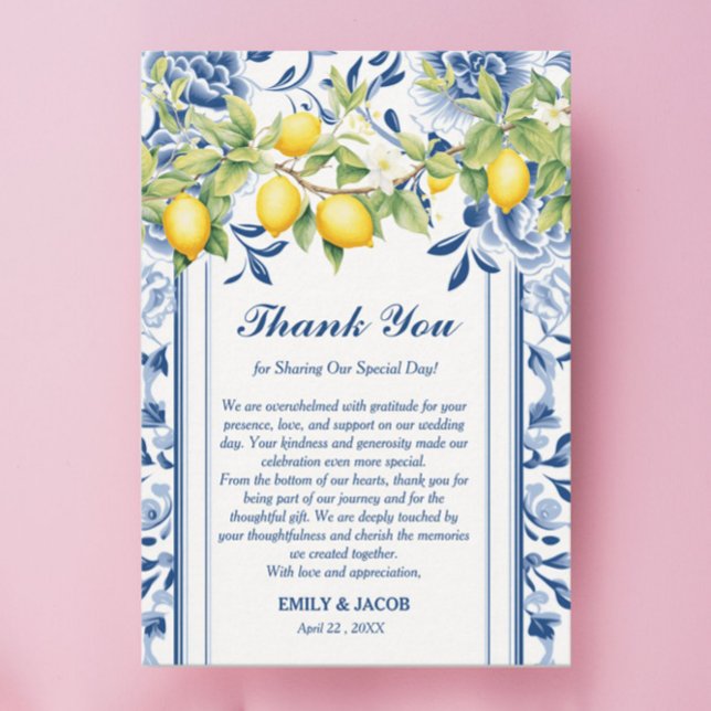 Tarjeta De Agradecimiento Floral azul y Boda limón (Subido por el creador)