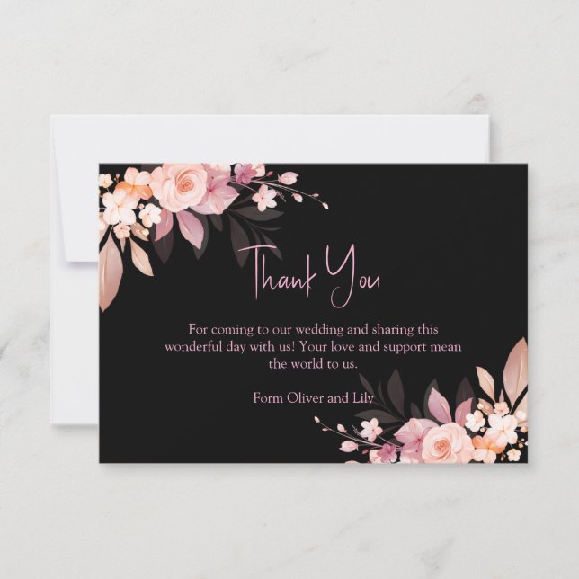 Tarjeta De Agradecimiento Floral Black & Blush Rose Wedding  (Anverso)