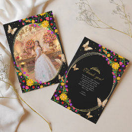 Tarjeta De Agradecimiento Floral Black Gold Butterfly Quinceañera Photo