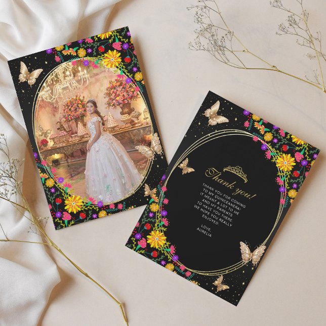 Tarjeta De Agradecimiento Floral Black Gold Butterfly Quinceañera Photo (Subido por el creador)