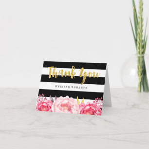 Tarjeta De Agradecimiento Floral Black White Stripes Gold Purpurina Gracias