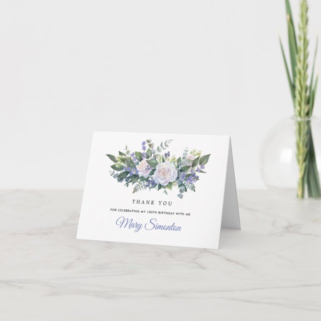 Tarjeta De Agradecimiento Floral blanca azul 100.ª foto de cumpleaños (Anverso)