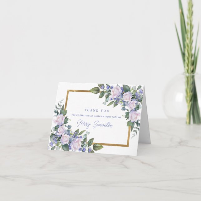 Tarjeta De Agradecimiento Floral blanca azul 100.ª foto de cumpleaños doblad (Anverso)