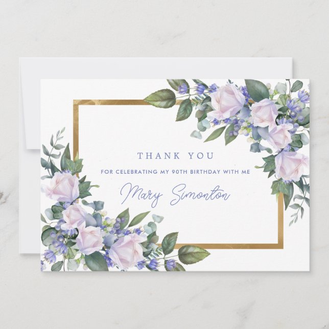 Tarjeta De Agradecimiento Floral blanca azul 90ª foto plana de cumpleaños (Anverso)