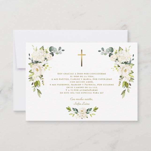 Tarjeta De Agradecimiento Floral blanca gracias con oración bautizo (Anverso)